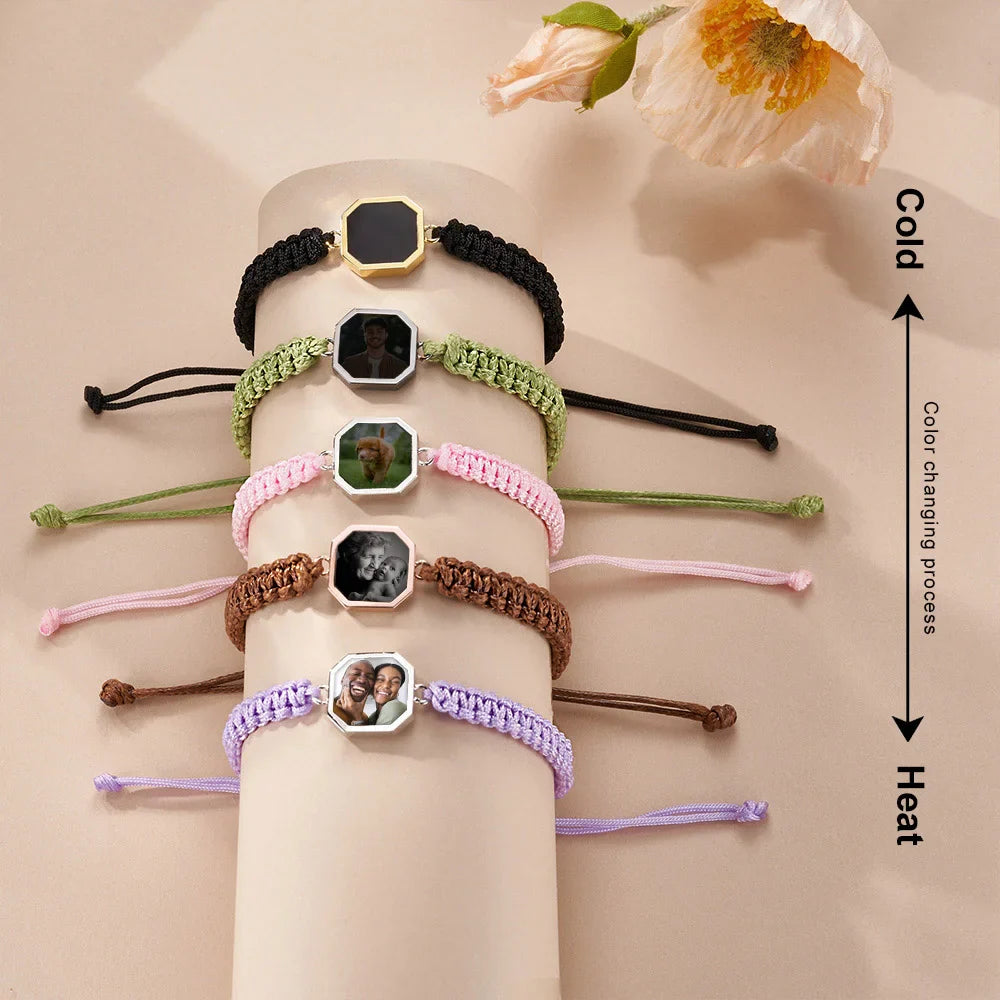 Personalized Hidden Heat-activated Photo Adjustable Braided Bracelet with Engraved Text Birthday Valentine's Day Anniversary Gift for Friends Couple