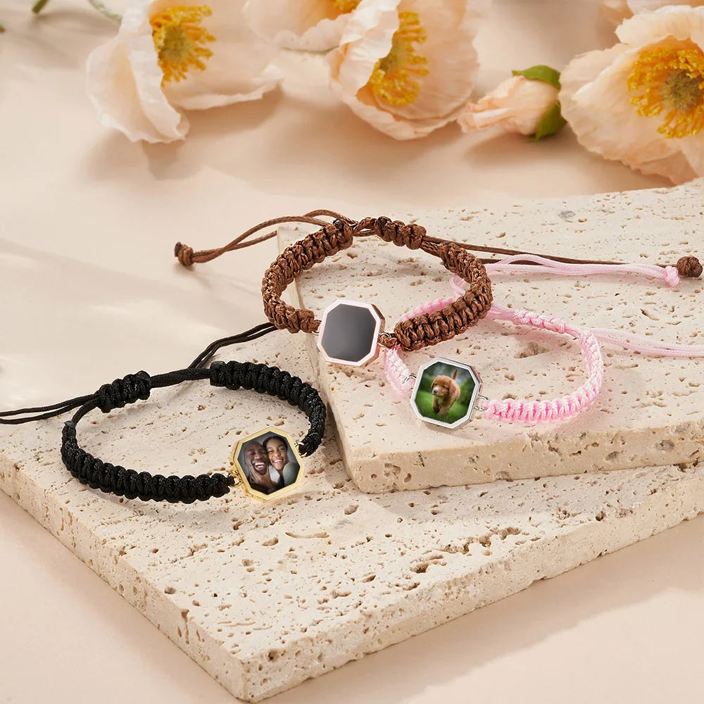 Personalized Hidden Heat-activated Photo Adjustable Braided Bracelet with Engraved Text Birthday Valentine's Day Anniversary Gift for Friends Couple