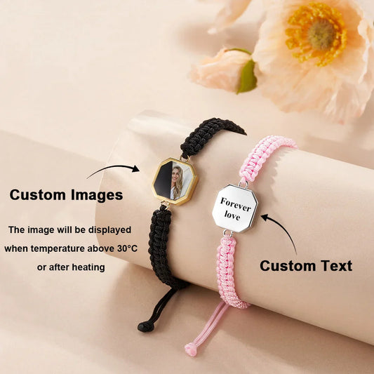 Personalized Hidden Heat-activated Photo Adjustable Braided Bracelet with Engraved Text Birthday Valentine's Day Anniversary Gift for Friends Couple